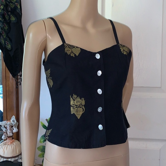Vintage 90s black gold mother of pearl button cami tank top S - Picture 10 of 11